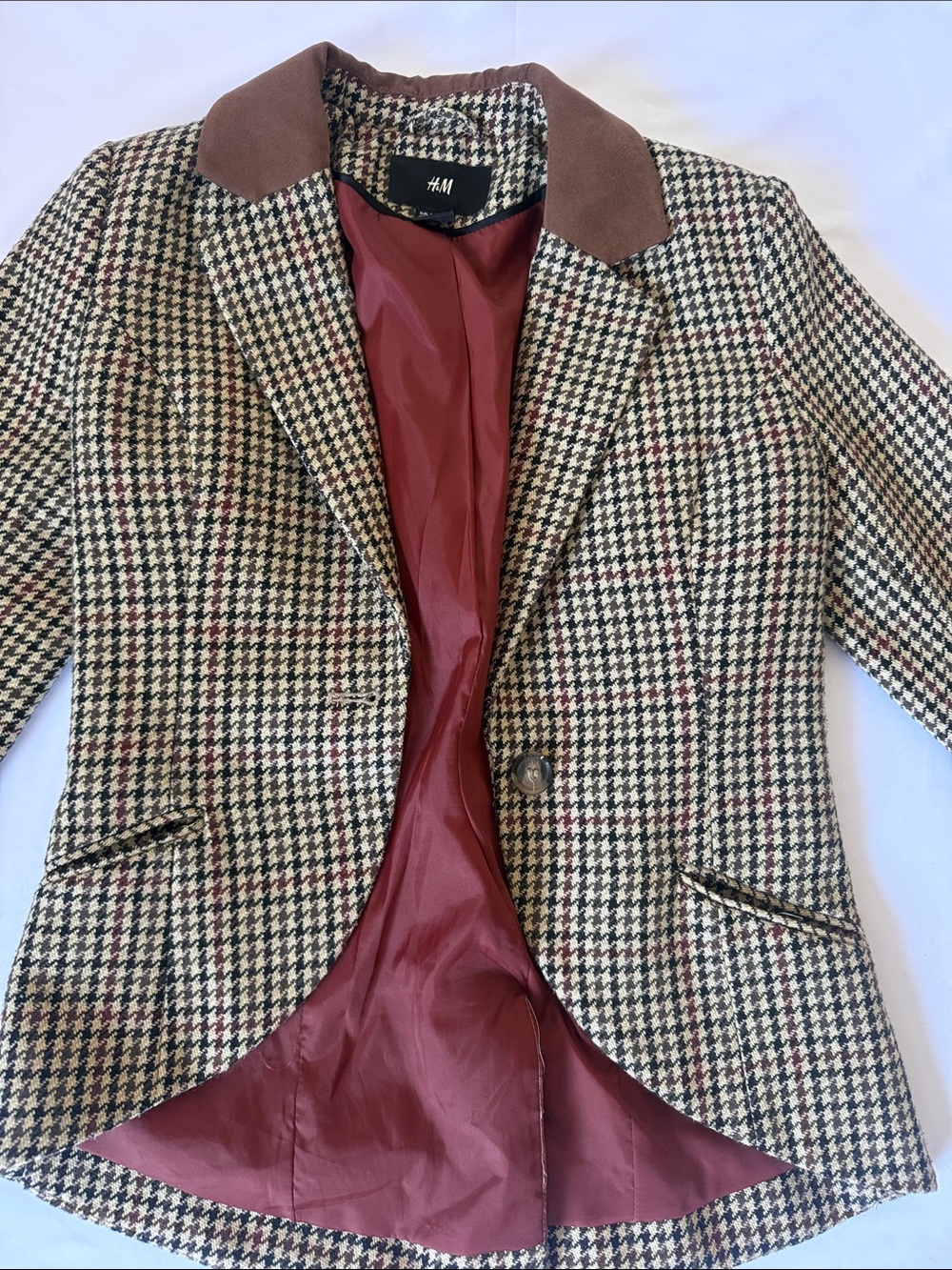 Beautiful H&M Brown Houndstooth Blazer with Burgundy Lining Size 4 - Picture 1 of 8